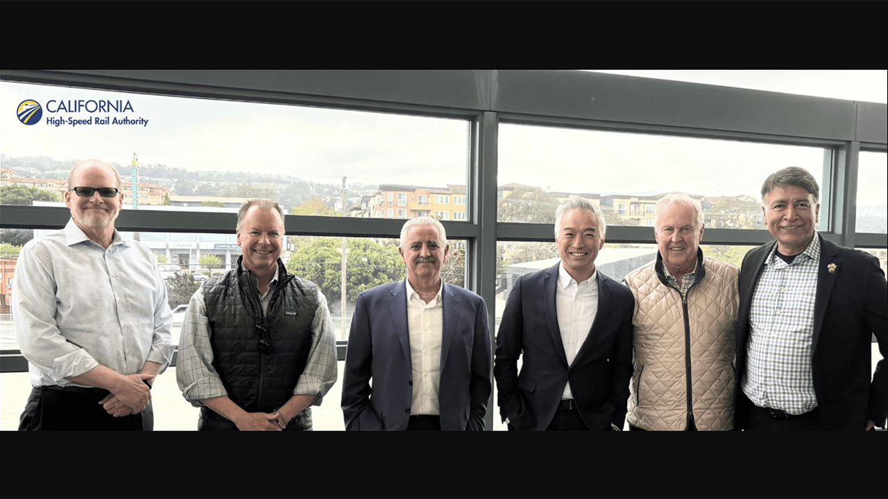 Pictured, Left to Right: Tom Williams, City Manager, City of Millbrae; Harry Burrowes, Project Manager, City of Millbrae; Basem Muallem, Statewide Regional Director, CHSRA; Anders Fung, Mayor, City of Millbrae; James Ghielmetti, Board Member, CHSRA; Ian Choudri, CEO, CHSRA (Photograph Courtesy of CHSRA)